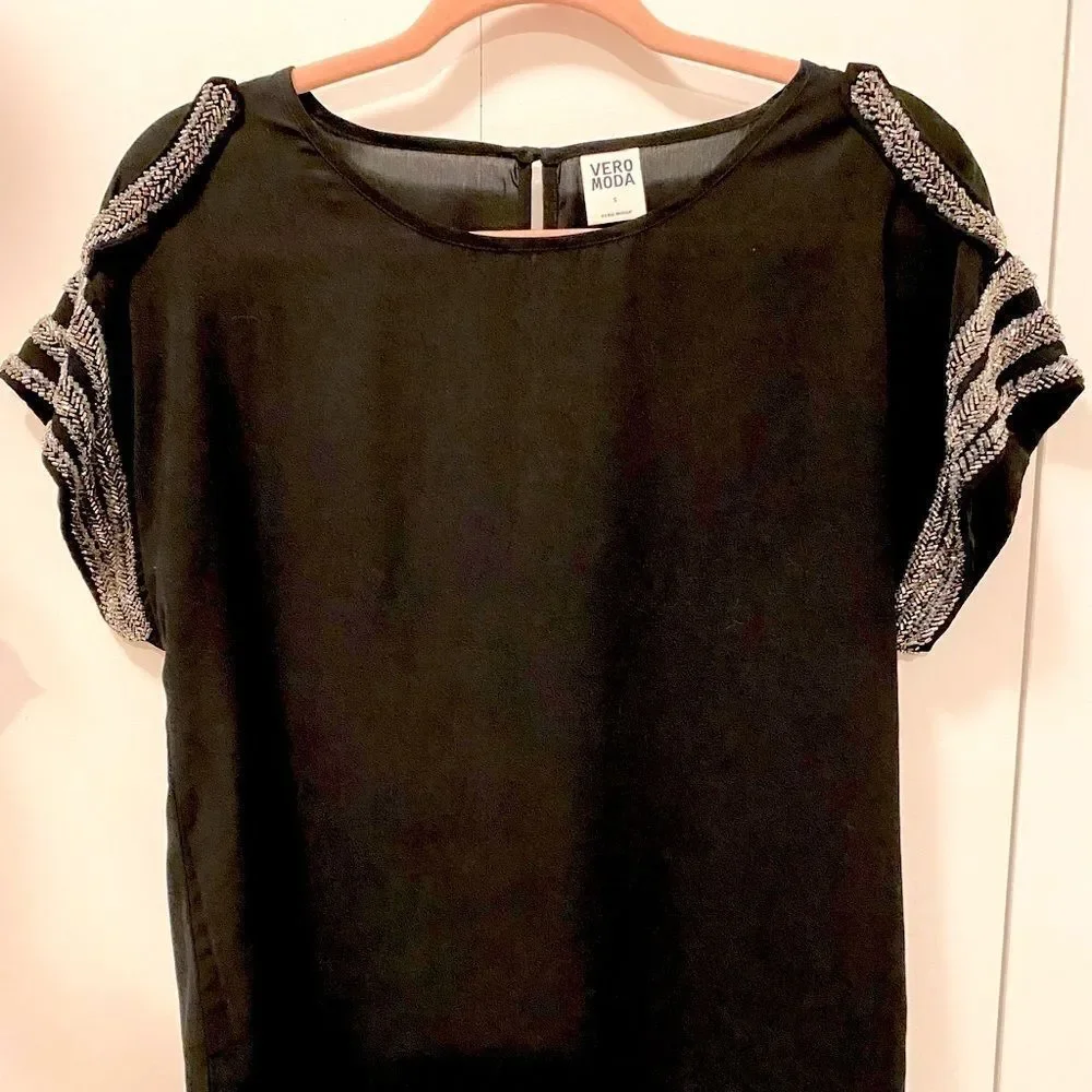 𝅺🌷 Vero Moda 🌷 Black Sheer Sparkly Jewelled Shoulder & Sleeve Detail Tunic Dress - Picture 10 of 11